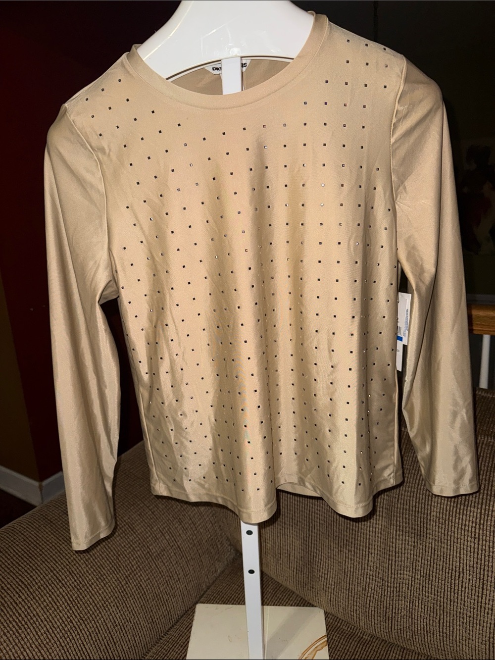 DKNY Long-Sleeve Studded Beige Top